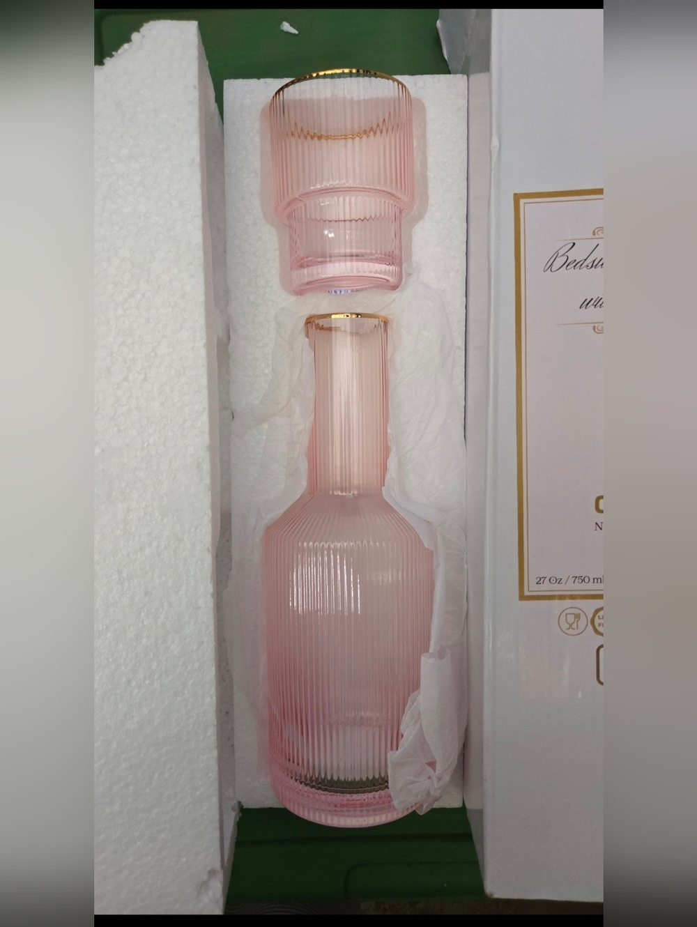 Pink Ribbed Glass Water CARAFE with Gold Trim